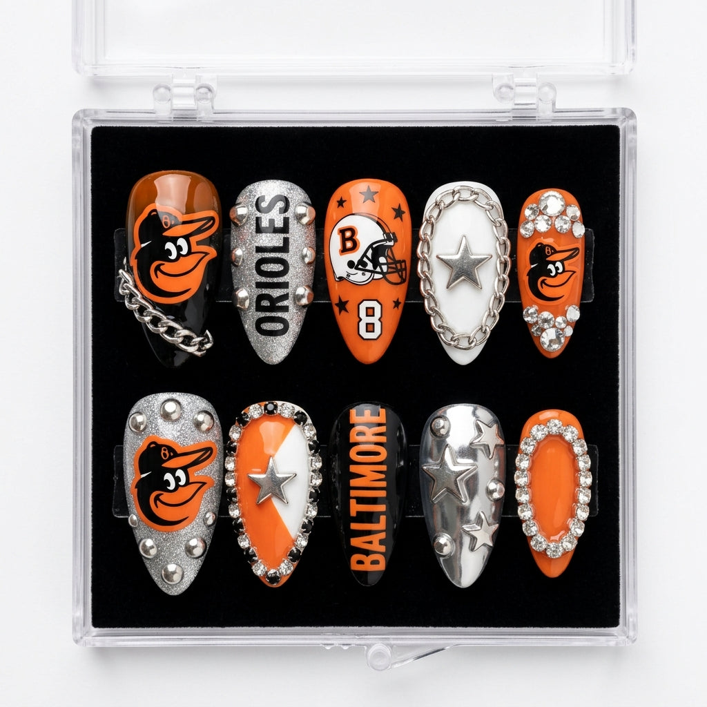 Baltimore Orioles Handmade Press On Nails | Reusable 3D Nail Set