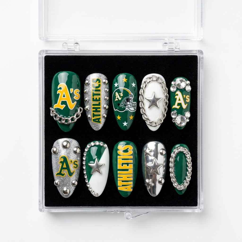 Oakland Athletics Handmade Press On Nails | Reusable 3D Nail Set