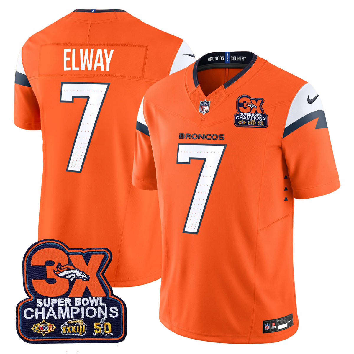 Men's Denver Broncos 3-Time Champions Patch Vapor Limited Jersey - All Stitched