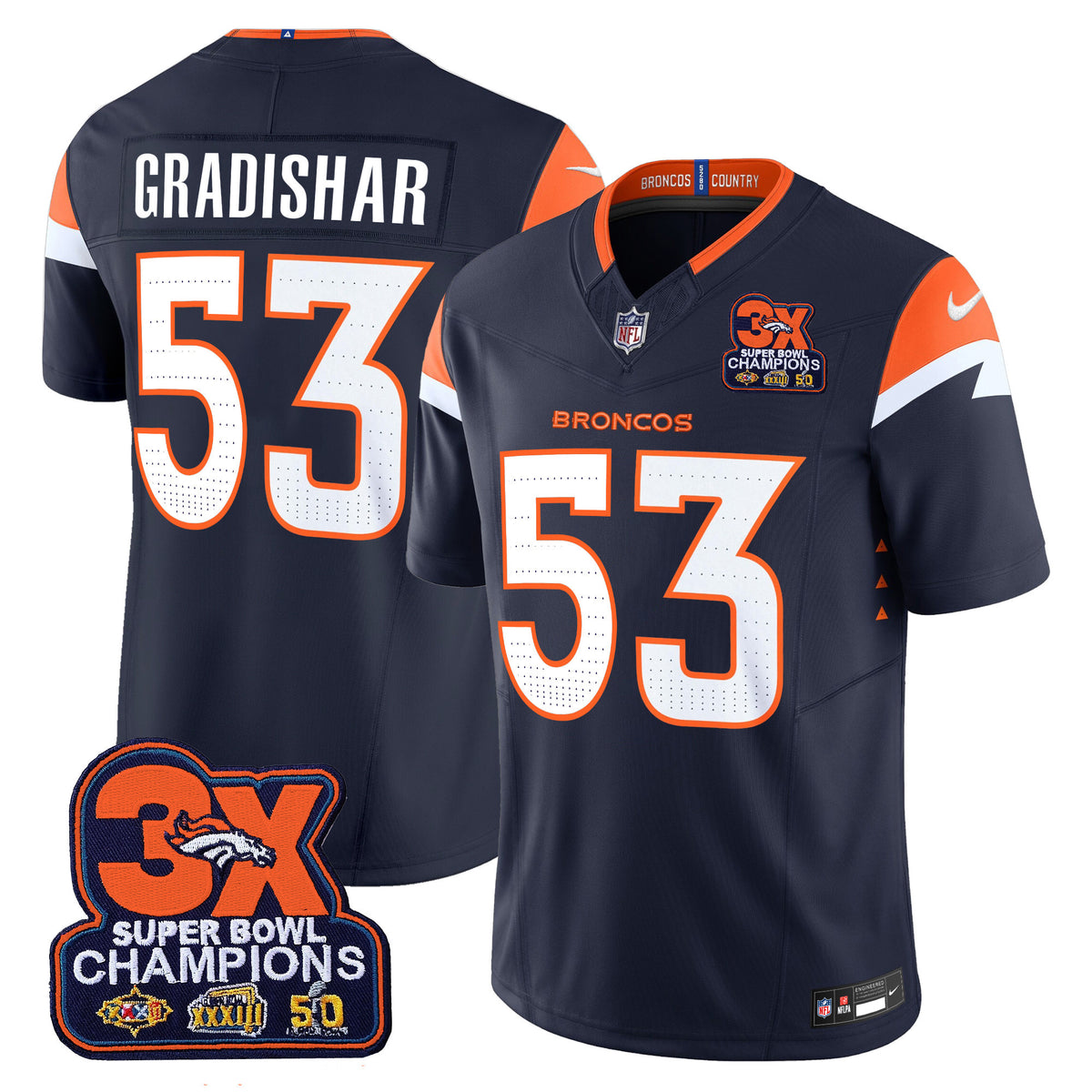 Men's Denver Broncos 3-Time Champions Patch Vapor Limited Jersey - All Stitched