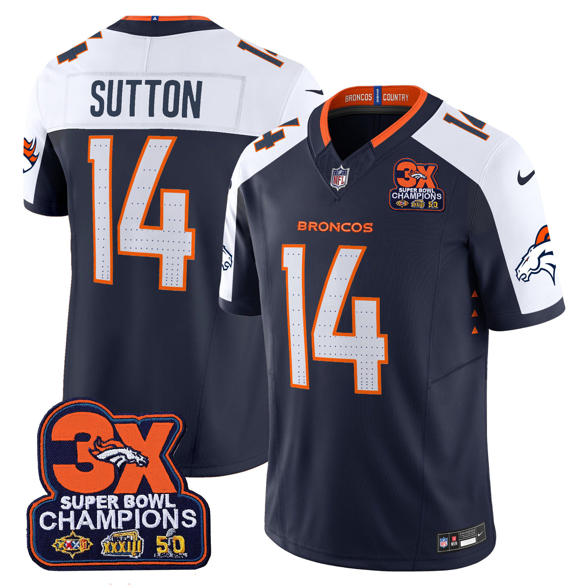 Men's Denver Broncos 3-Time Champions Patch Vapor Limited Jersey - All Stitched