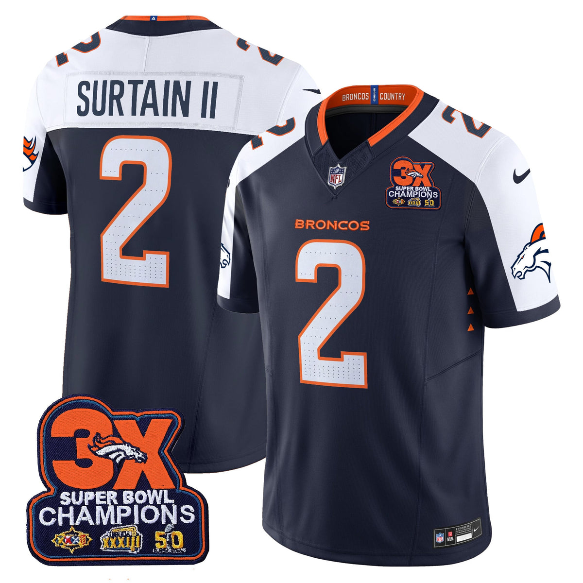 Men's Denver Broncos 3-Time Champions Patch Vapor Limited Jersey - All Stitched