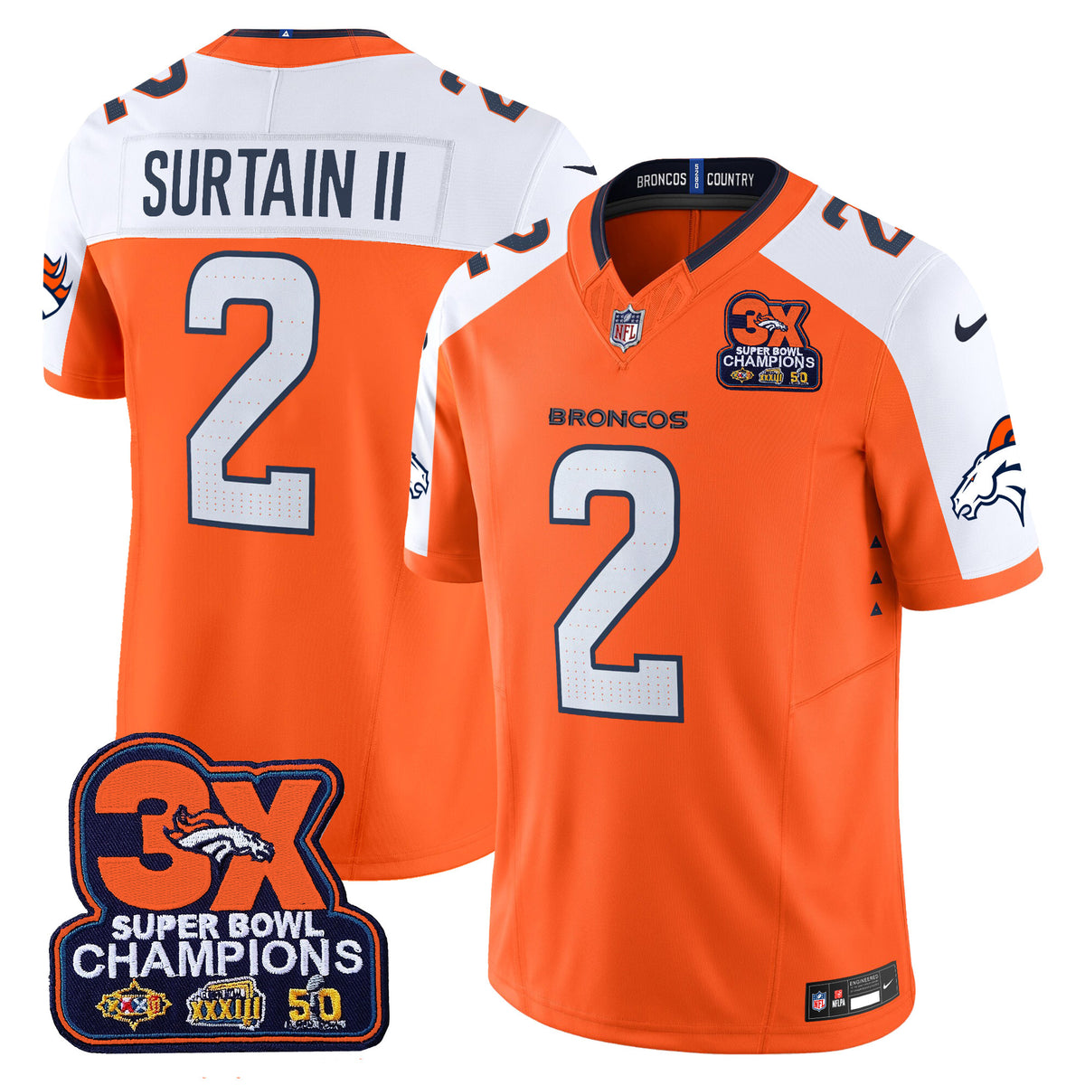 Men's Denver Broncos 3-Time Champions Patch Vapor Limited Jersey - All Stitched
