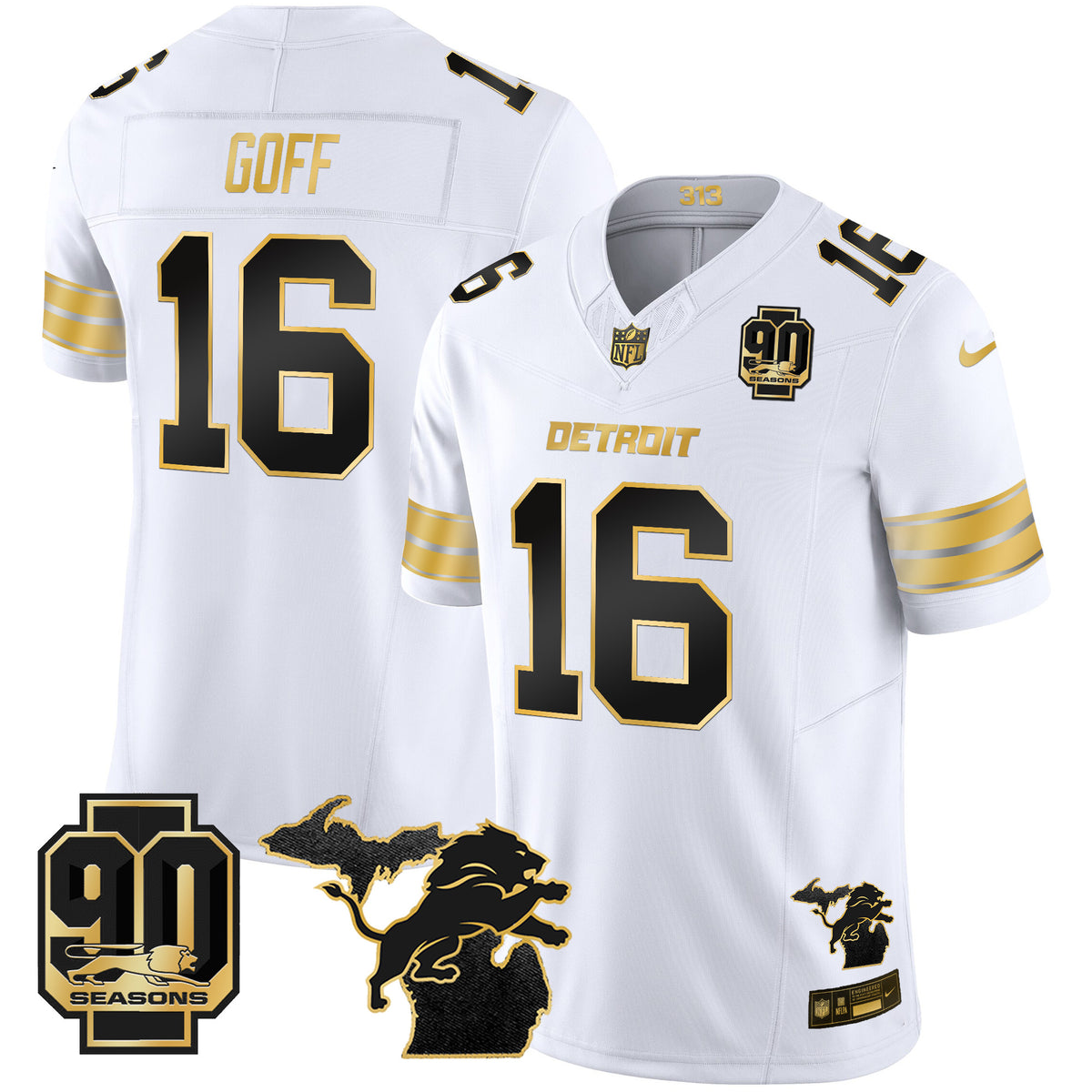 Men's Detroit Lions 2025 Michigan & 90th Season Patch Gold Vapor Limited Jersey - All Stitched