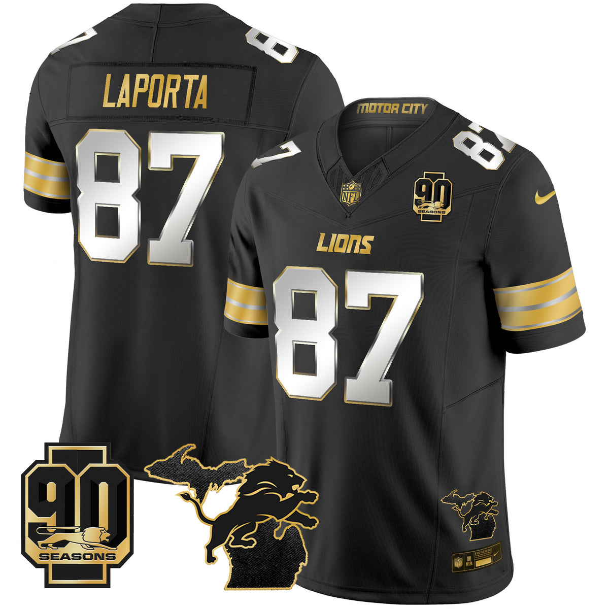 Men's Detroit Lions 2025 Michigan & 90th Season Patch Gold Vapor Limited Jersey - All Stitched
