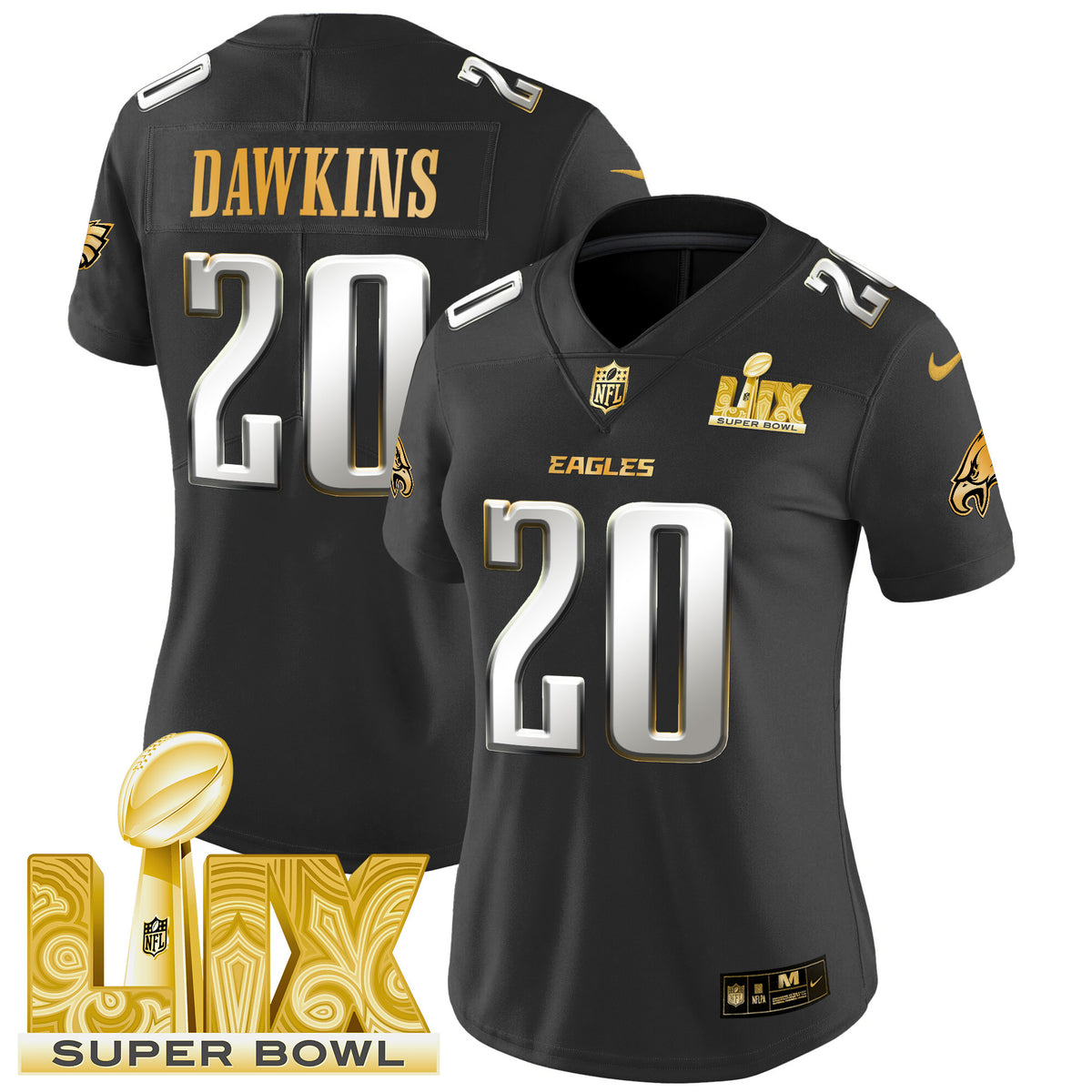 Women's Philadelphia Eagles Super Bowl LIX Patch Gold Vapor Limited Jersey - All Stitched