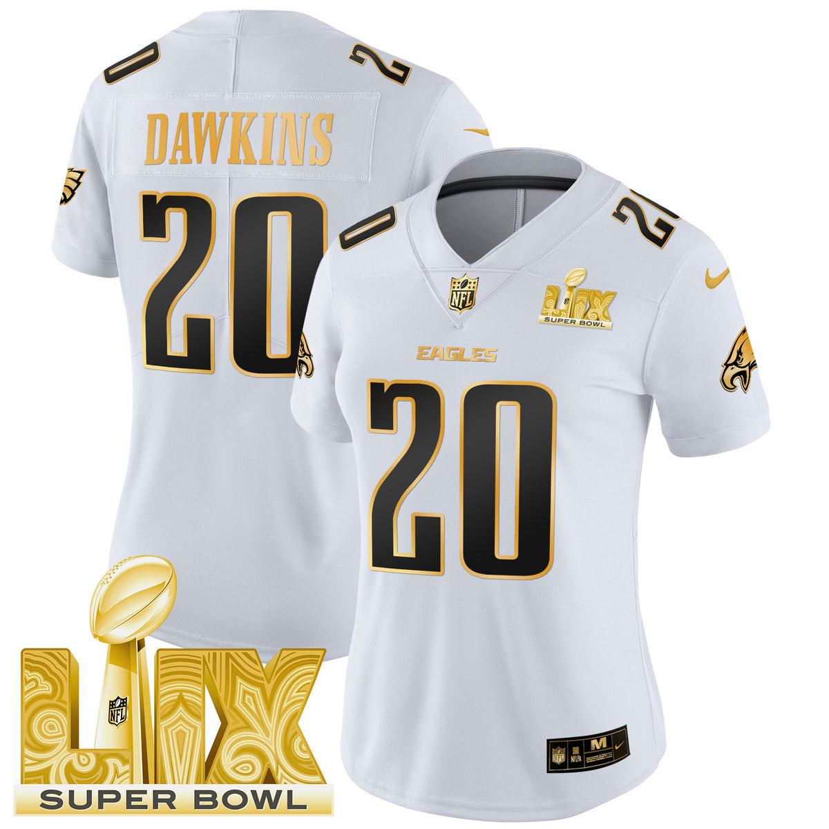Women's Philadelphia Eagles Super Bowl LIX Patch Gold Vapor Limited Jersey - All Stitched