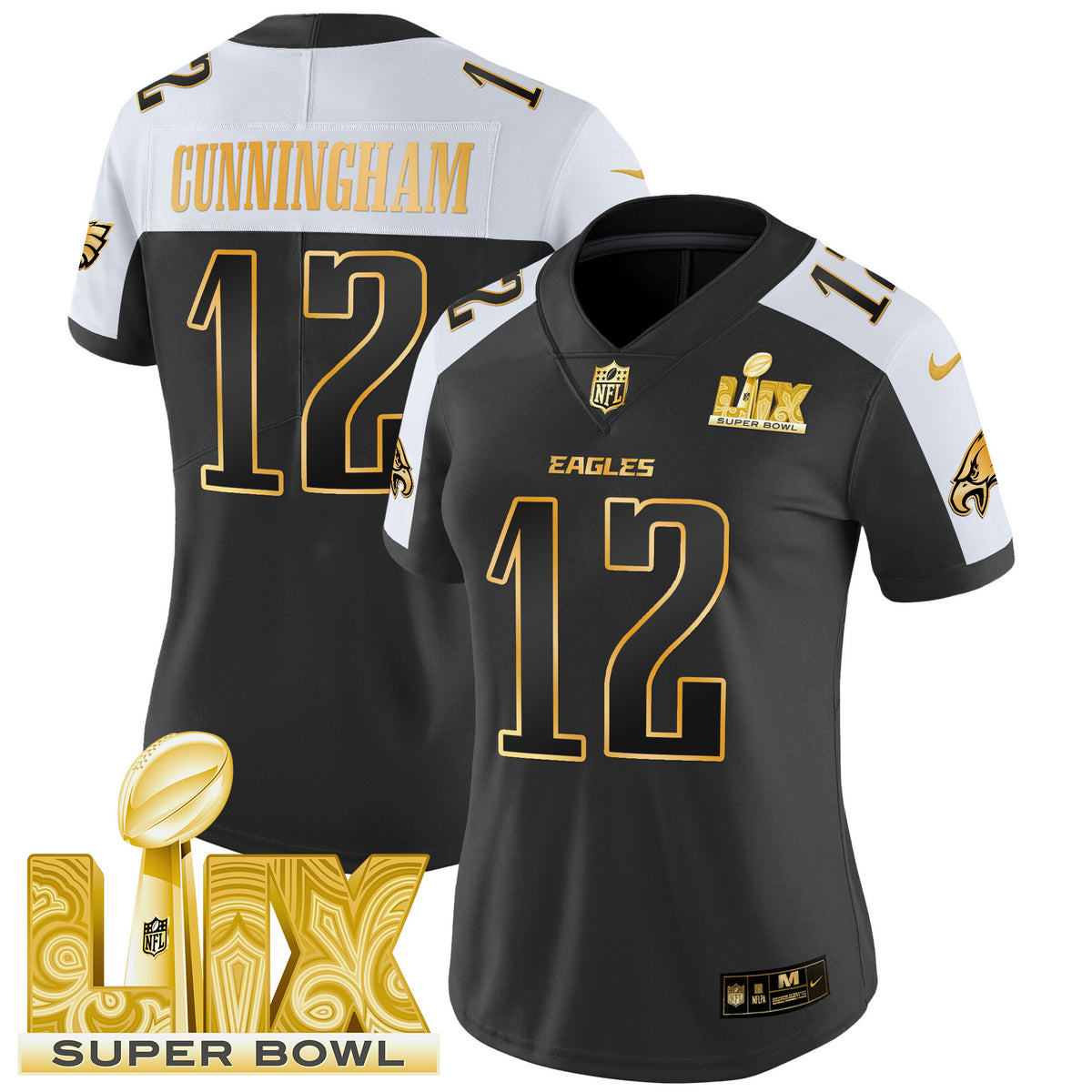 Women's Philadelphia Eagles Super Bowl LIX Patch Gold Vapor Limited Jersey - All Stitched