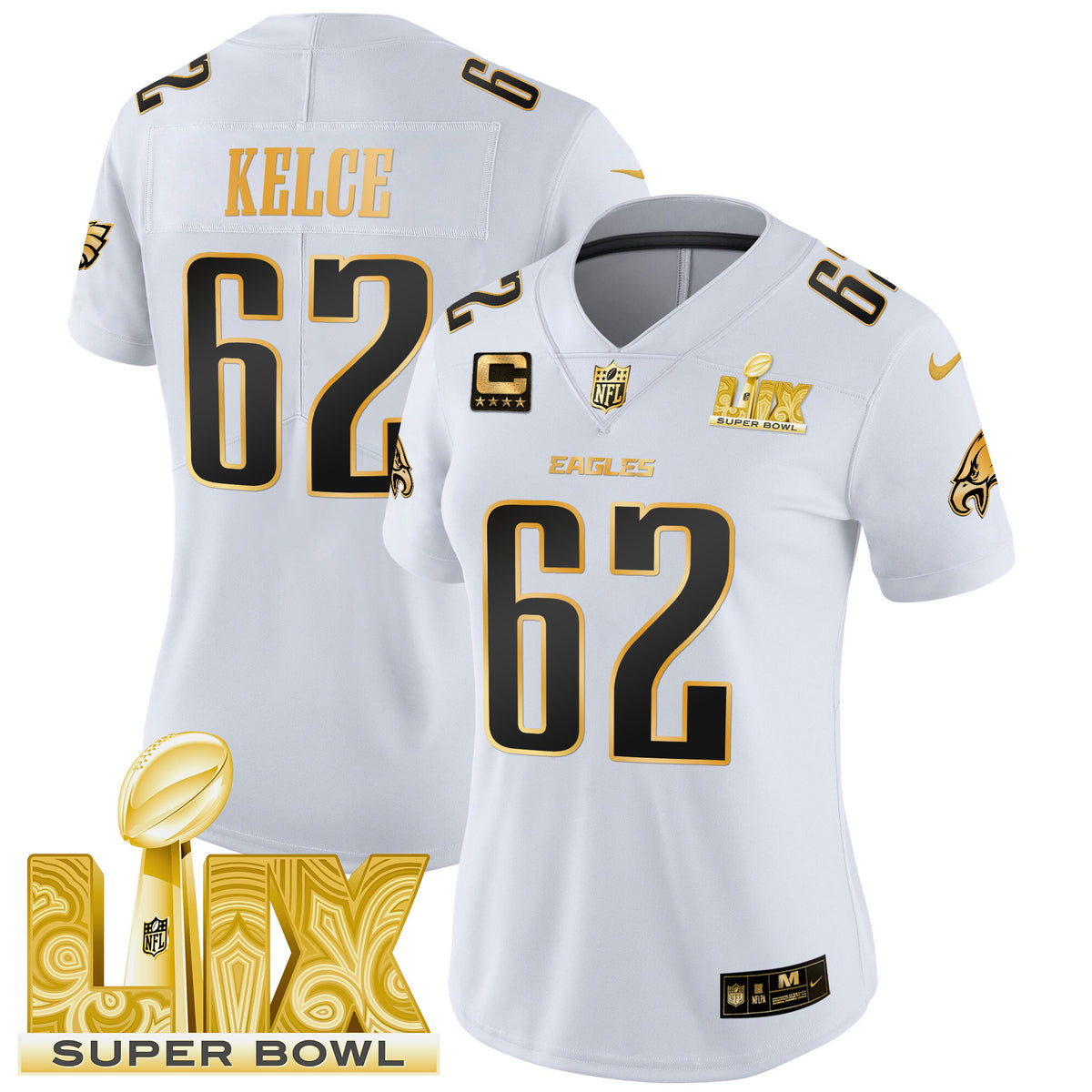 Women's Philadelphia Eagles Super Bowl LIX Patch Gold Vapor Limited Jersey - All Stitched