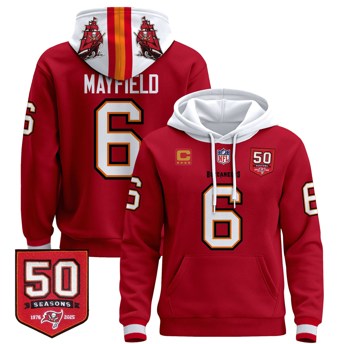 Men's Tampa Bay Buccaneers 50th Season Patch Premium Pullover Hoodie - All Stitched
