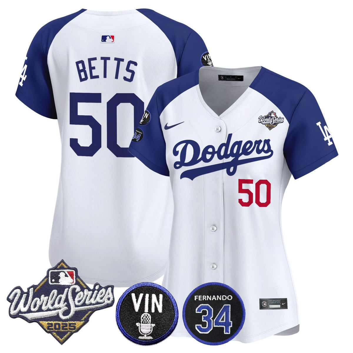 Women's Dodgers 2025 World Series Vapor Premier Limited Jersey - Vin Scully & Fernando Patch - All Stitched
