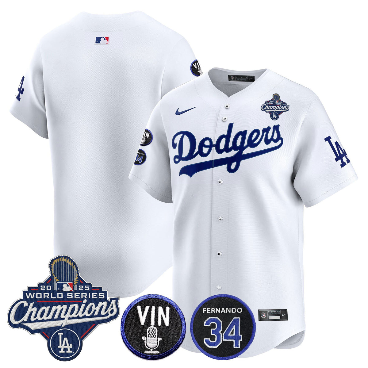 Men's Dodgers 2025 World Series Champions Vapor Premier Limited Jersey - Vin Scully & Fernando Patch - All Stitched