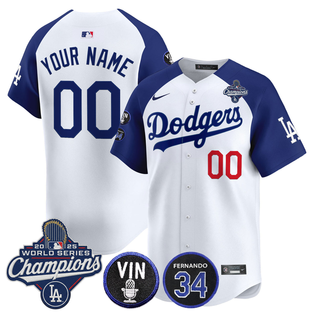 Dodgers 2025 World Series Champions Vapor Premier Limited Custom Jersey - Vin Scully & Fernando Patch - All Stitched