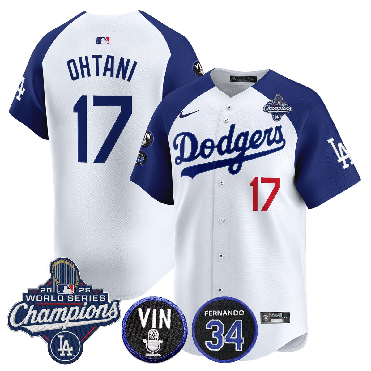Men's Dodgers 2025 World Series Champions Vapor Premier Limited Jersey - Vin Scully & Fernando Patch - All Stitched