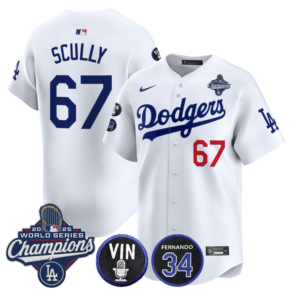 Men's Dodgers 2025 World Series Champions Vapor Premier Limited Jersey - Vin Scully & Fernando Patch - All Stitched