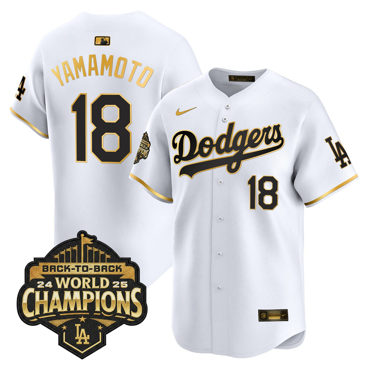 Men's Dodgers 2025 Back-To-Back Champions Gold Trim Vapor Premier Limited Jersey - All Stitched