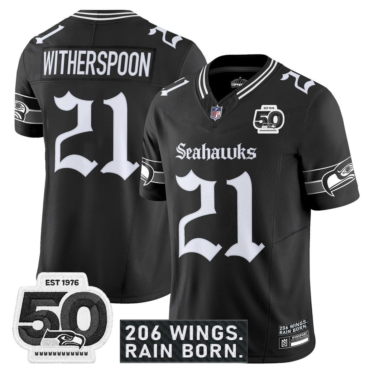 Men's Seattle Seahawks 'Gothic Rain City Shadows Edition' Vapor Jersey - 50th Anniversary Patch - All Stitched
