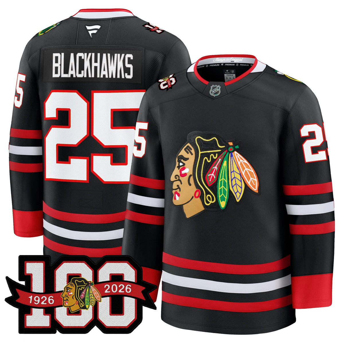 Men's Chicago Blackhawks 2025/26 Premium Jersey - 100th Anniversary Patch -All Stitched