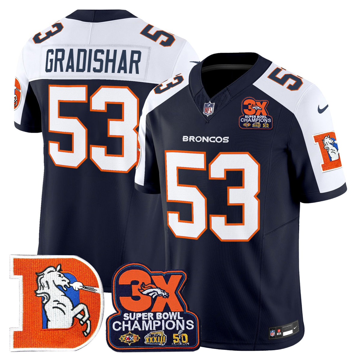 Men's Denver Broncos Throwback Vapor Limited Jersey - 3-Time Champions Patch - All Stitched