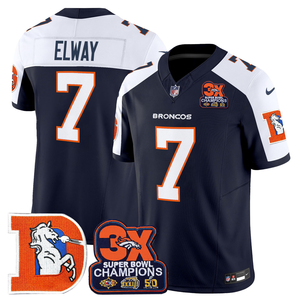 Men's Denver Broncos Throwback Vapor Limited Jersey - 3-Time Champions Patch - All Stitched