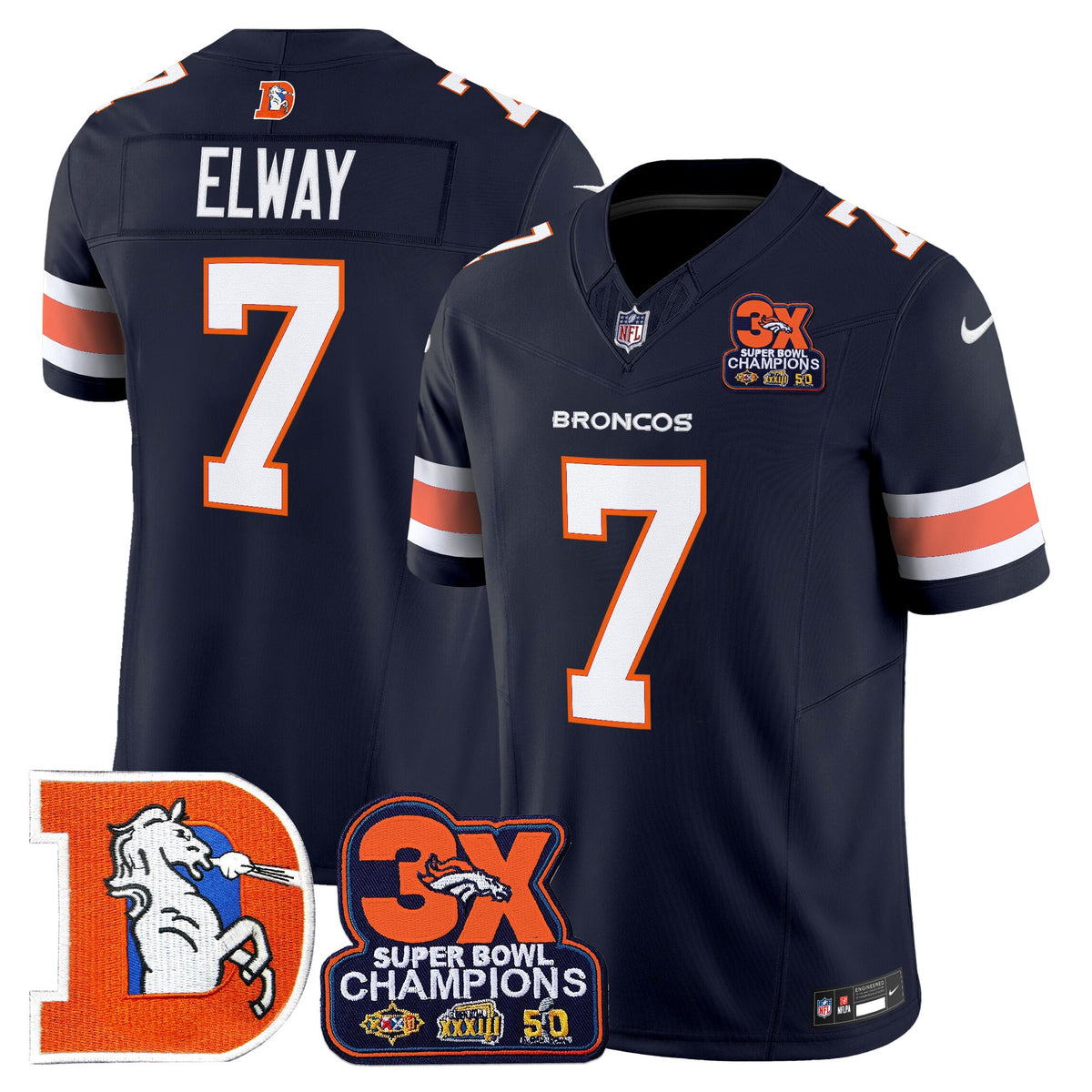 Men's Denver Broncos Throwback Vapor Limited Jersey - 3-Time Champions Patch - All Stitched