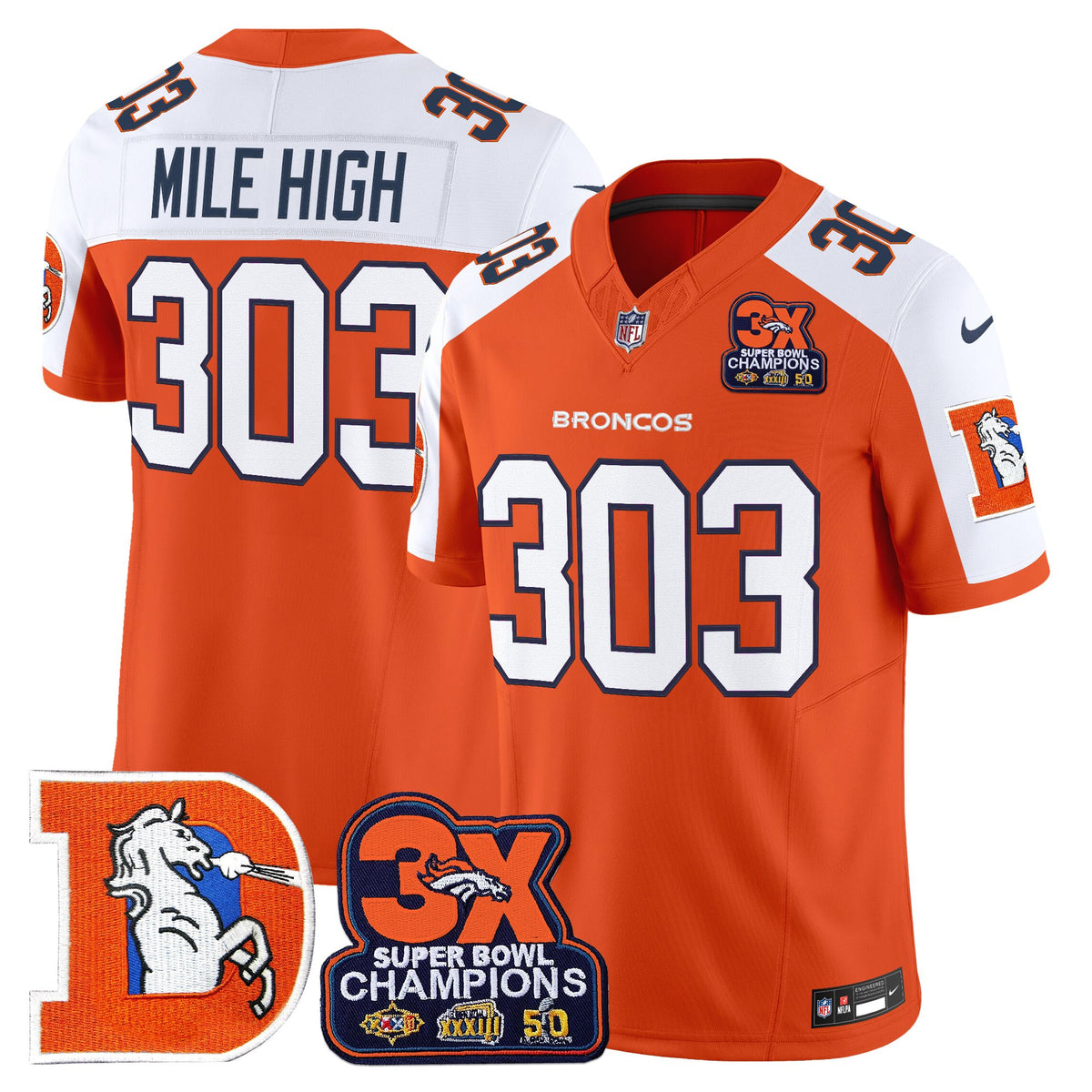 Men's Denver Broncos Throwback Vapor Limited Jersey - 3-Time Champions Patch - All Stitched