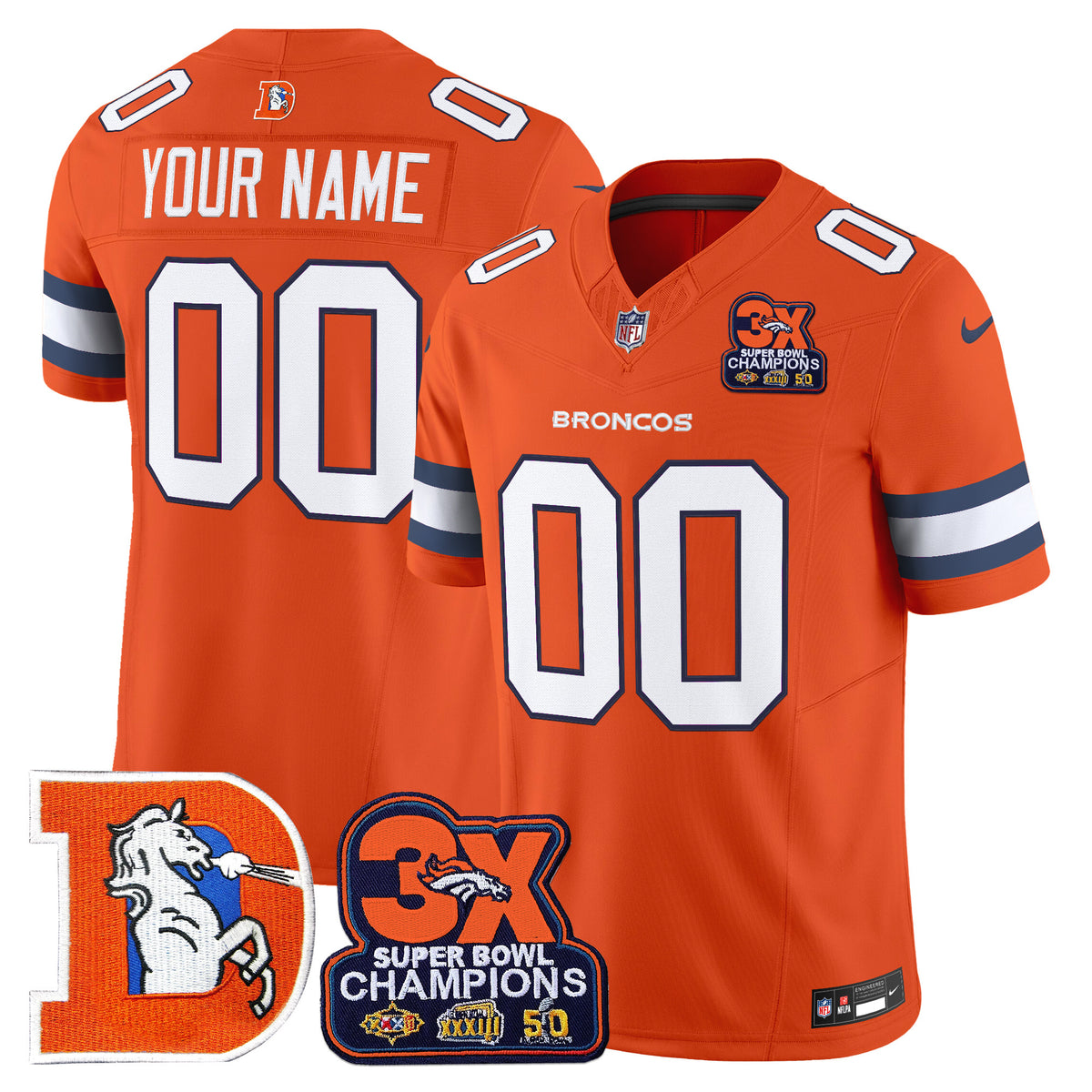 Denver Broncos Throwback Vapor Limited Custom Jersey - 3-Time Champions Patch - All Stitched