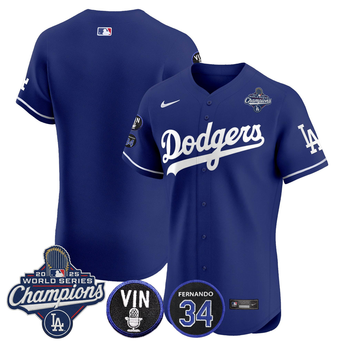 Men's Dodgers 2025 World Series Champions Vapor Premier Elite Jersey - Vin Scully & Fernando Patch - All Stitched
