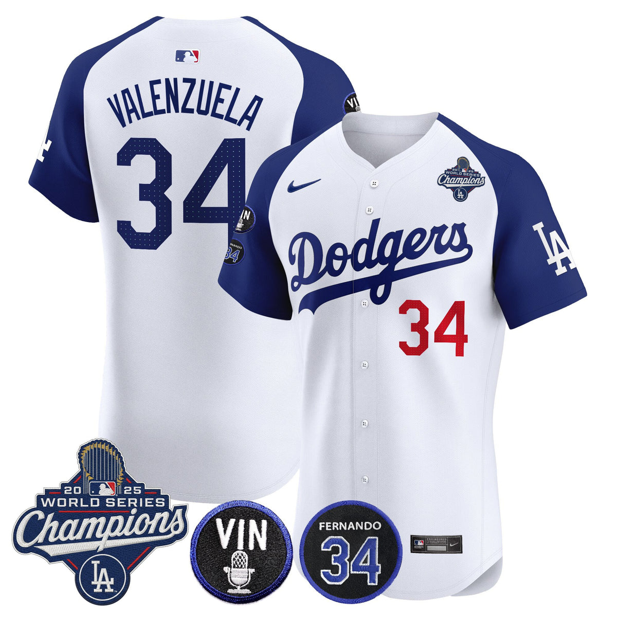 Men's Dodgers 2025 World Series Champions Vapor Premier Elite Jersey - Vin Scully & Fernando Patch - All Stitched