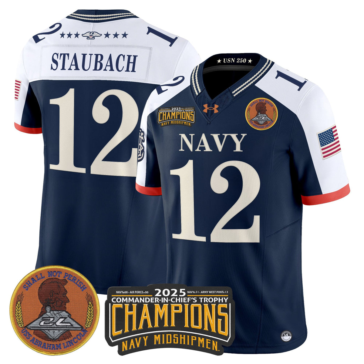 Men's Navy Midshipmen 250th Anniversary Vapor Limited Jersey - 2025 Commander-In-Chief's Trophy Champions Patch - Stitched