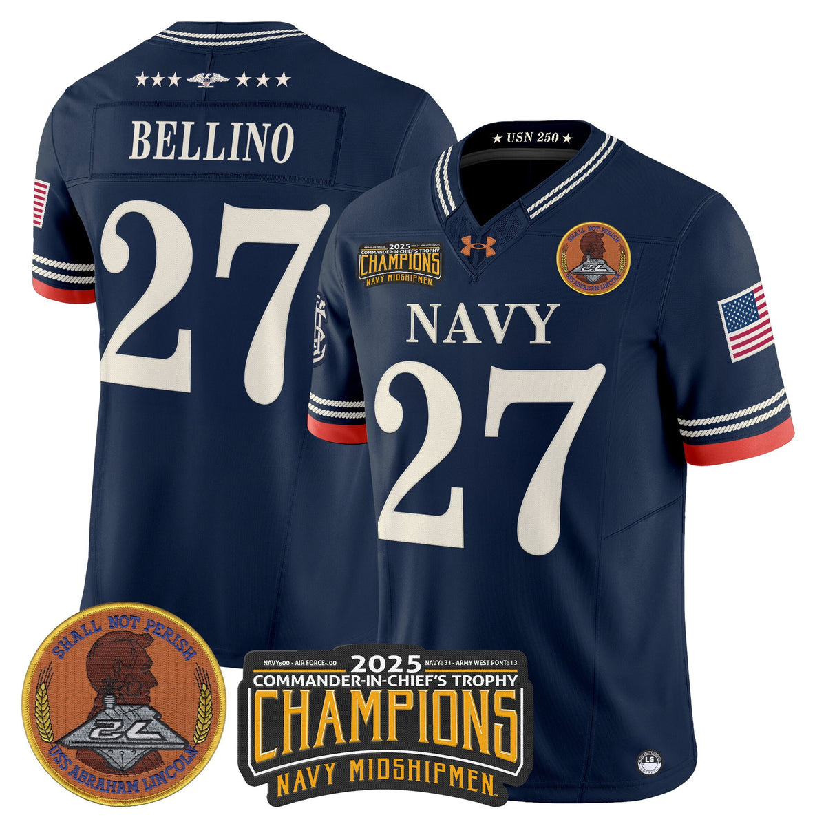 Men's Navy Midshipmen 250th Anniversary Vapor Limited Jersey - 2025 Commander-In-Chief's Trophy Champions Patch - Stitched