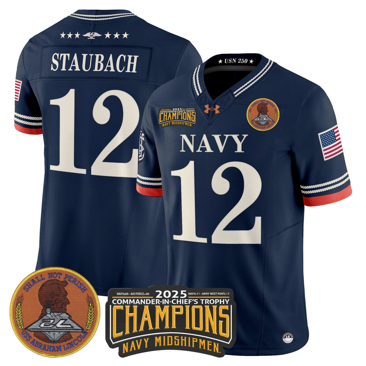 Men's Navy Midshipmen 250th Anniversary Vapor Limited Jersey - 2025 Commander-In-Chief's Trophy Champions Patch - Stitched