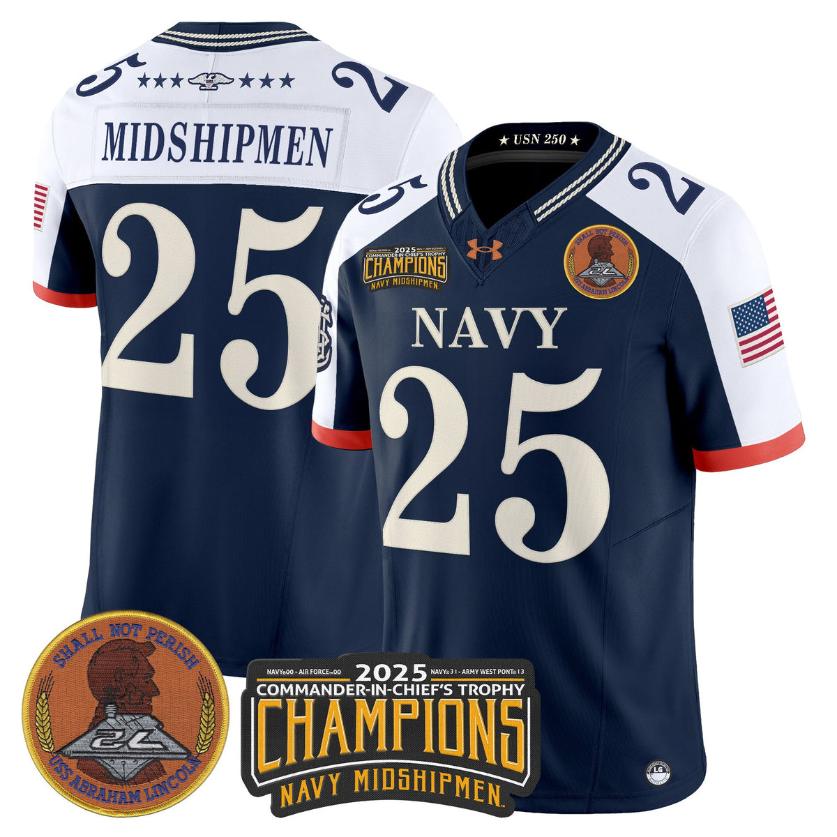 Men's Navy Midshipmen 250th Anniversary Vapor Limited Jersey - 2025 Commander-In-Chief's Trophy Champions Patch - Stitched