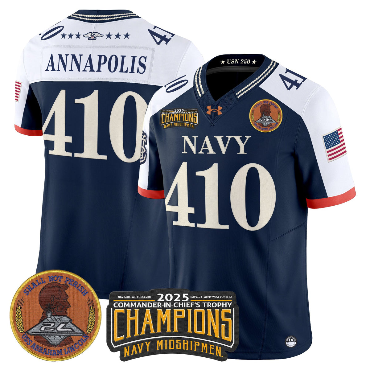 Men's Navy Midshipmen 250th Anniversary Vapor Limited Jersey - 2025 Commander-In-Chief's Trophy Champions Patch - Stitched