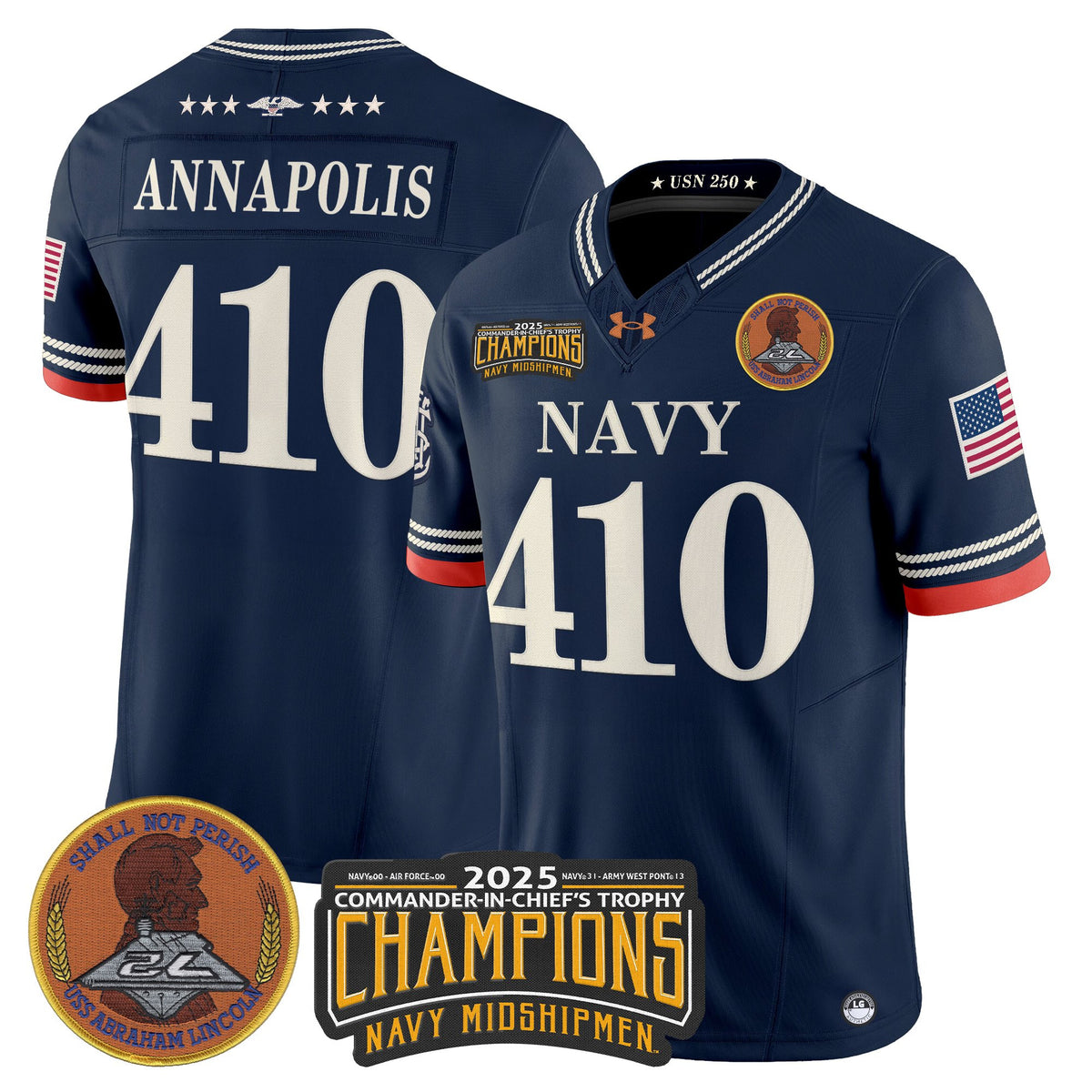 Men's Navy Midshipmen 250th Anniversary Vapor Limited Jersey - 2025 Commander-In-Chief's Trophy Champions Patch - Stitched