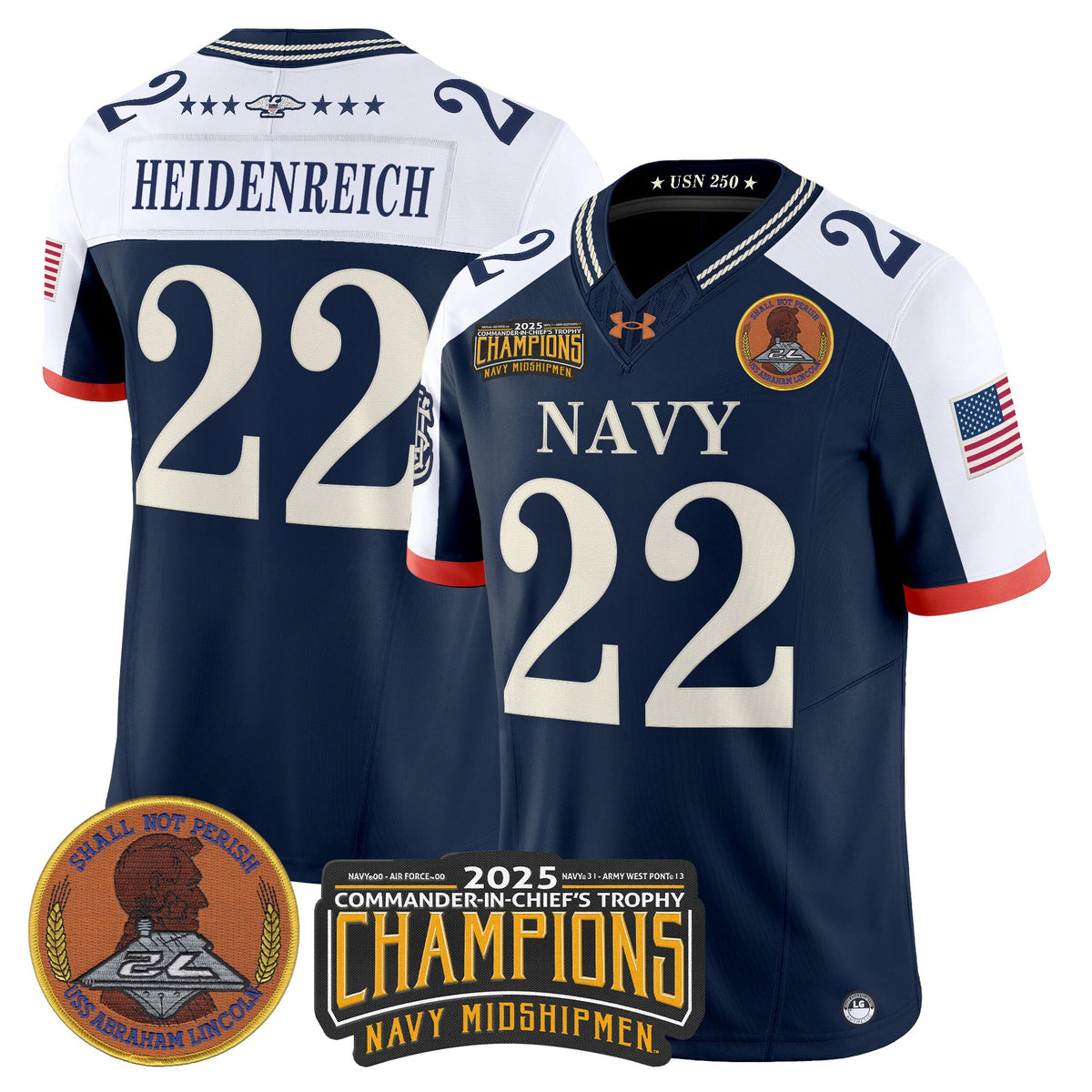 Men's Navy Midshipmen 250th Anniversary Vapor Limited Jersey - 2025 Commander-In-Chief's Trophy Champions Patch - Stitched