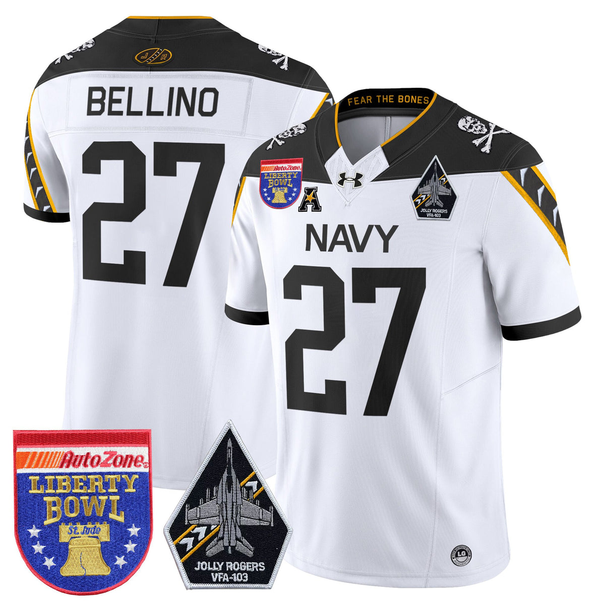 Men's Navy Midshipmen 'Jolly Rogers Edition' Vapor Limited Jersey - 2026 Liberty Bowl Patch - All Stitched