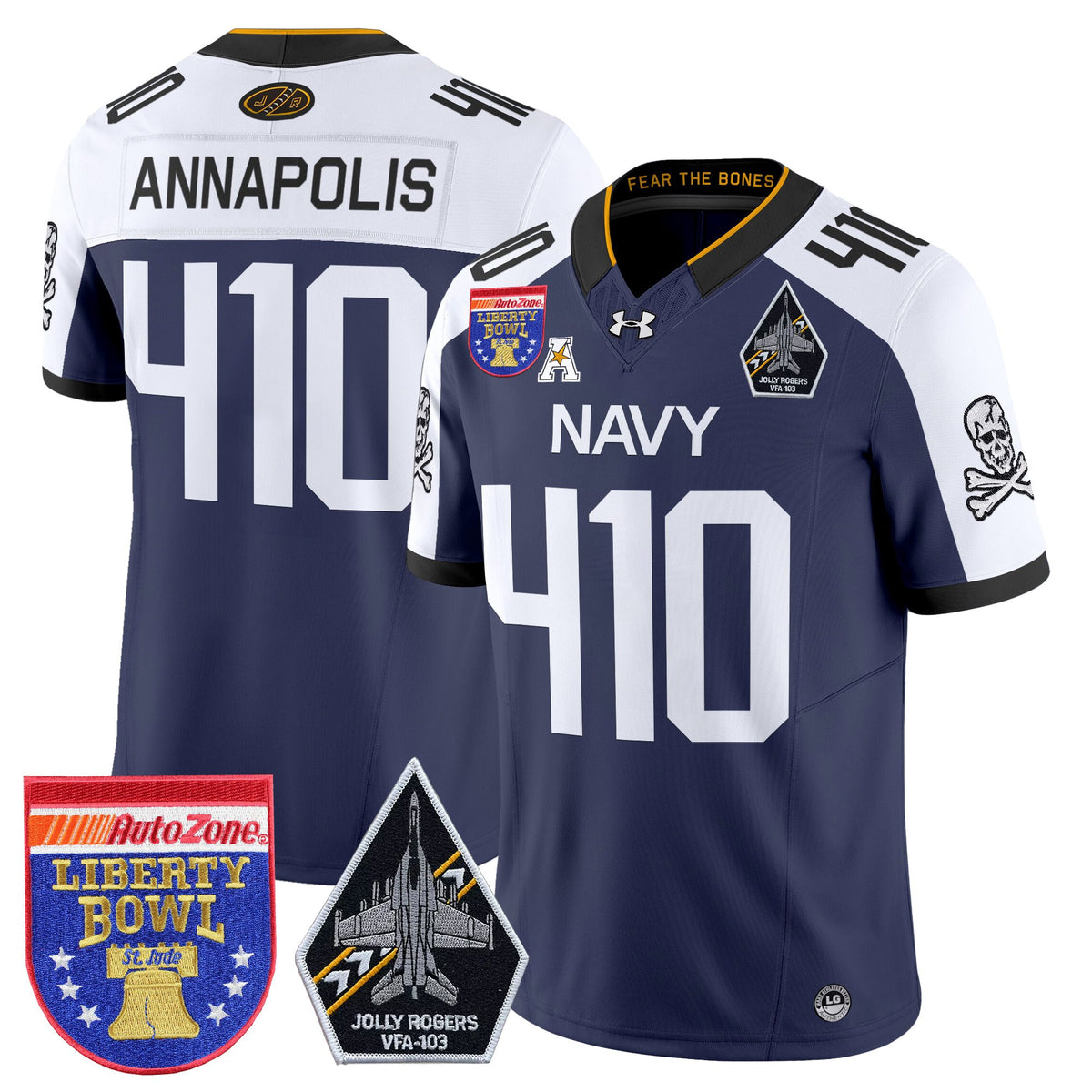 Men's Navy Midshipmen 'Jolly Rogers Edition' Vapor Limited Jersey - 2026 Liberty Bowl Patch - All Stitched