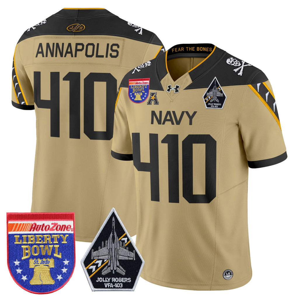 Men's Navy Midshipmen 'Jolly Rogers Edition' Vapor Limited Jersey - 2026 Liberty Bowl Patch - All Stitched