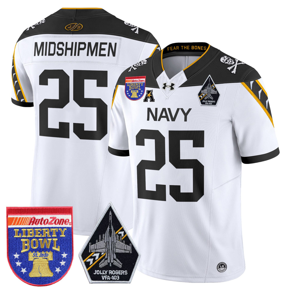 Men's Navy Midshipmen 'Jolly Rogers Edition' Vapor Limited Jersey - 2026 Liberty Bowl Patch - All Stitched