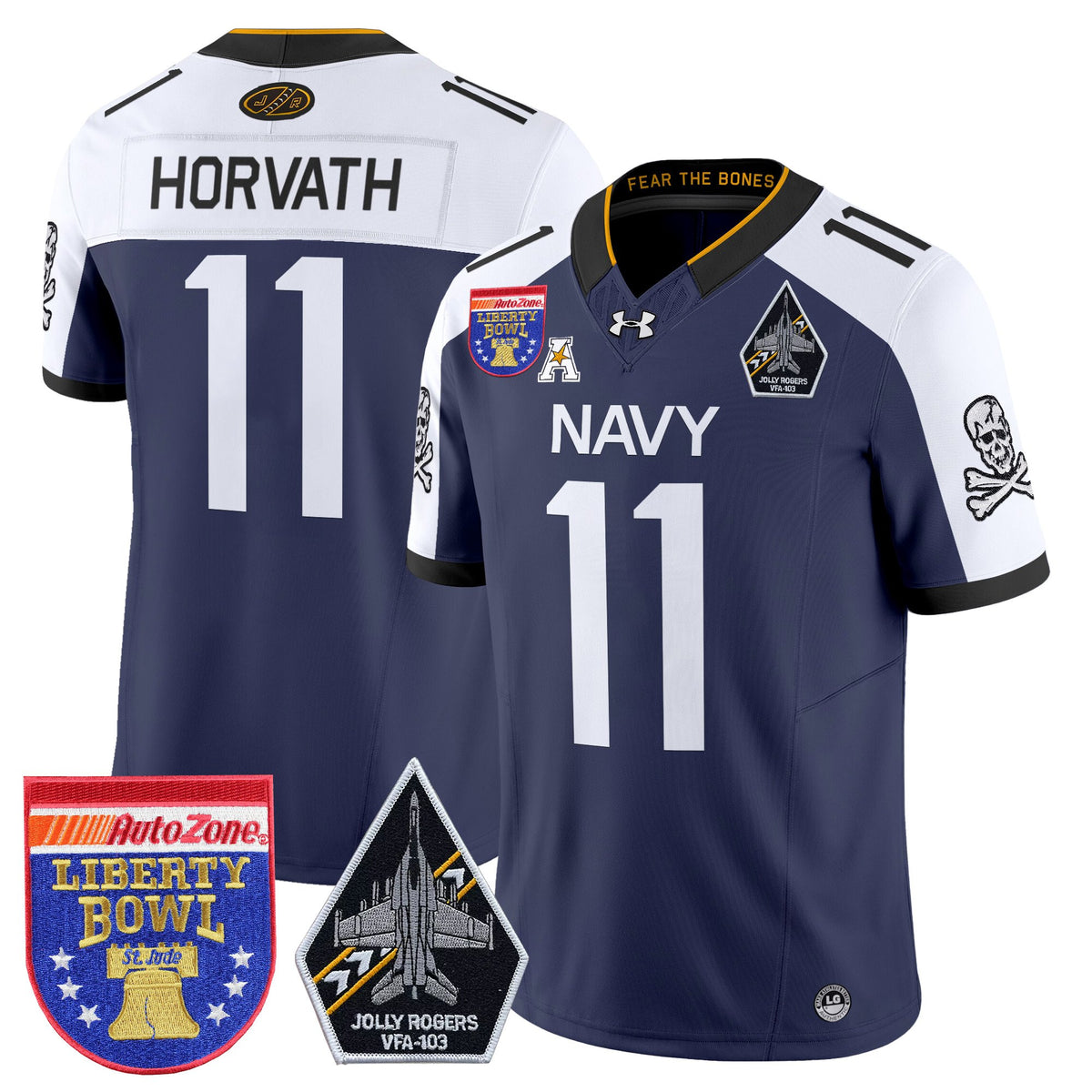 Men's Navy Midshipmen 'Jolly Rogers Edition' Vapor Limited Jersey - 2026 Liberty Bowl Patch - All Stitched
