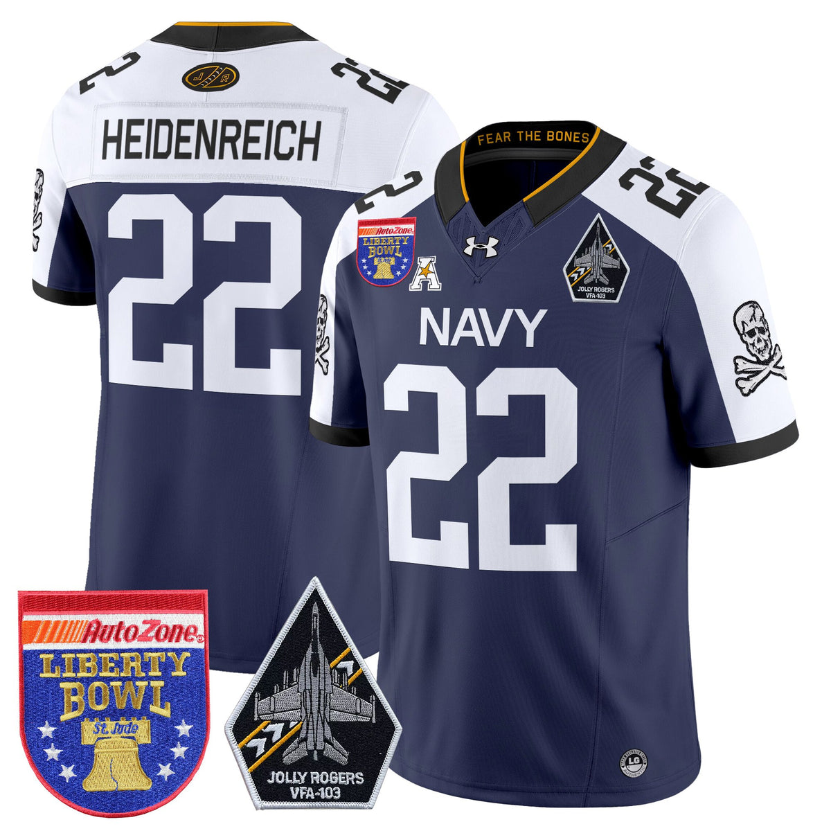 Men's Navy Midshipmen 'Jolly Rogers Edition' Vapor Limited Jersey - 2026 Liberty Bowl Patch - All Stitched