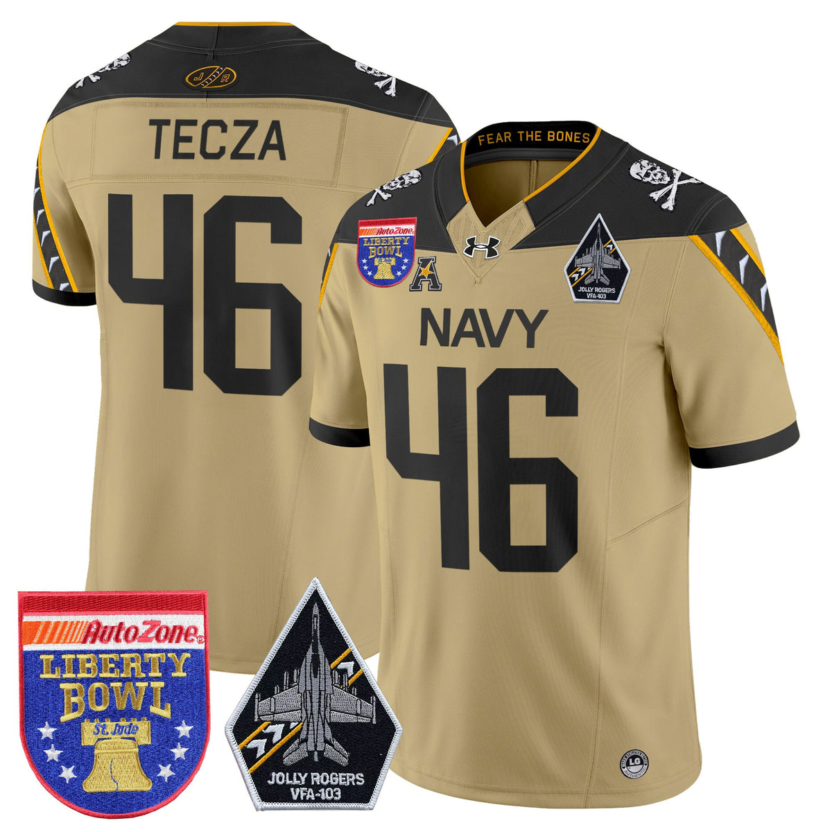 Men's Navy Midshipmen 'Jolly Rogers Edition' Vapor Limited Jersey - 2026 Liberty Bowl Patch - All Stitched