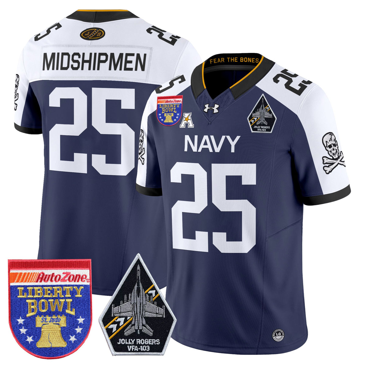 Men's Navy Midshipmen 'Jolly Rogers Edition' Vapor Limited Jersey - 2026 Liberty Bowl Patch - All Stitched