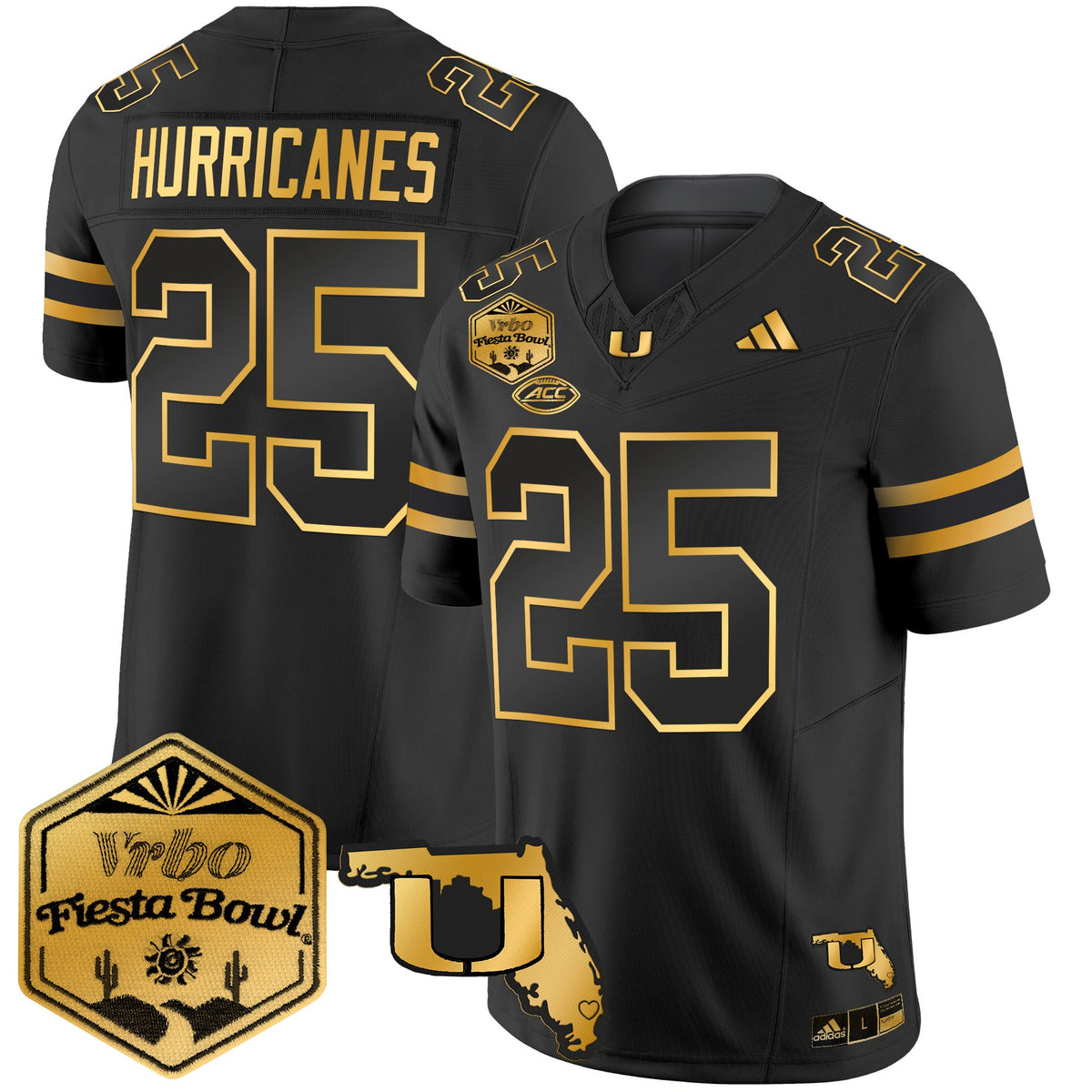 Men's Miami Hurricanes 2026 The Fiesta Bowl & Florida Patch Gold Vapor Limited Jersey - All Stitched