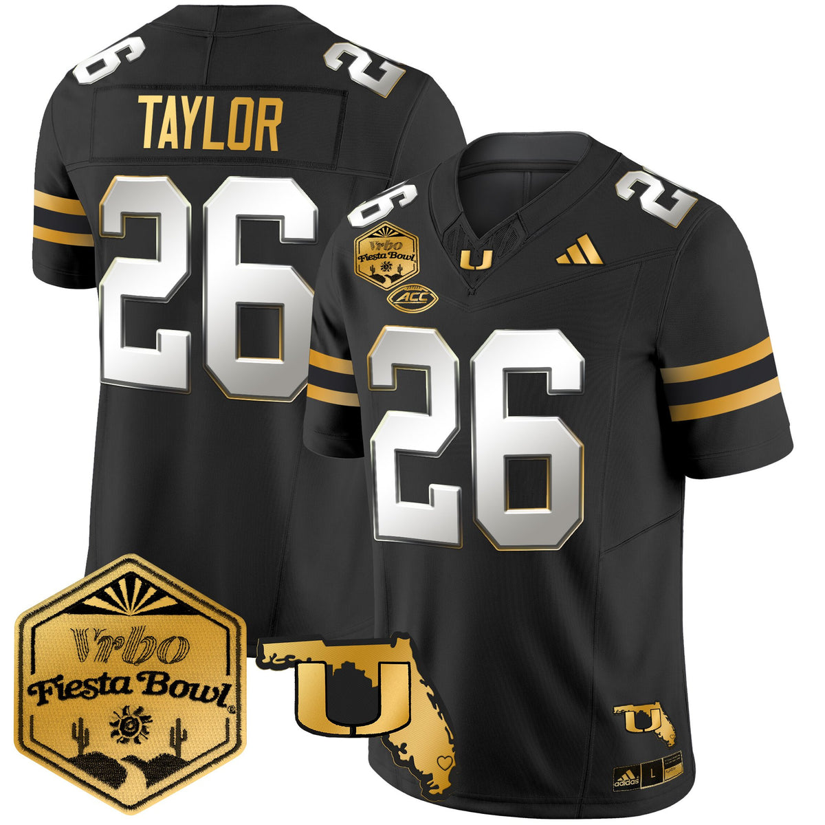 Men's Miami Hurricanes 2026 The Fiesta Bowl & Florida Patch Gold Vapor Limited Jersey - All Stitched