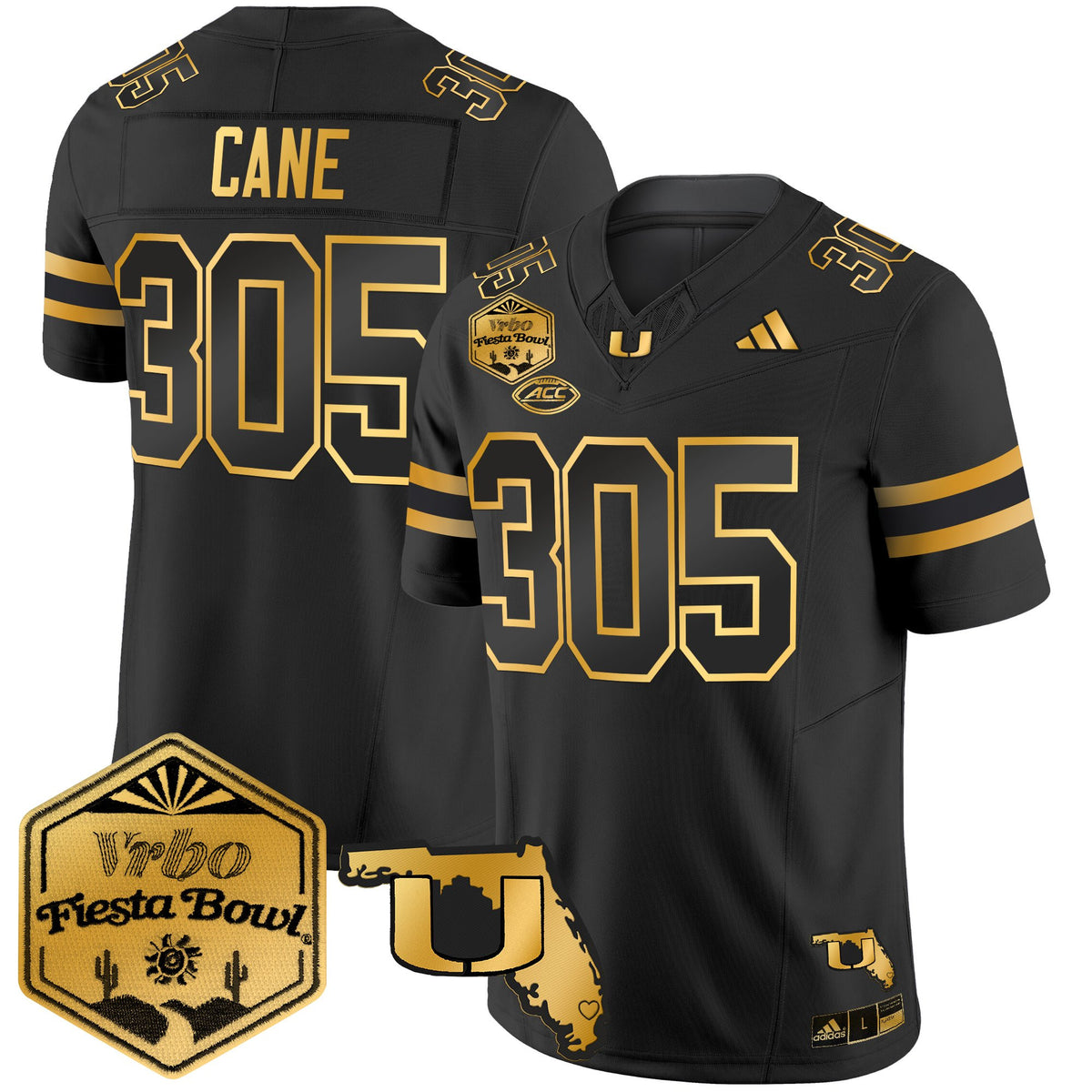Men's Miami Hurricanes 2026 The Fiesta Bowl & Florida Patch Gold Vapor Limited Jersey - All Stitched
