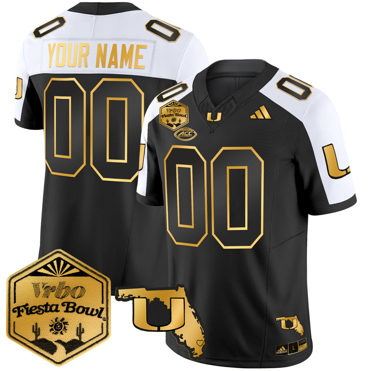 Miami Hurricanes 2026 The Fiesta Bowl & Florida Patch Gold Vapor Limited Custom Jersey - All Stitched