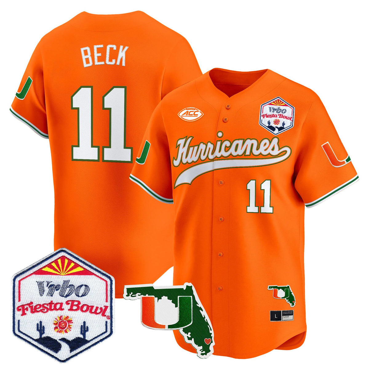 Men's Miami Hurricanes 2026 The Fiesta Bowl & Florida Patch Vapor Baseball Jersey - All Stitched