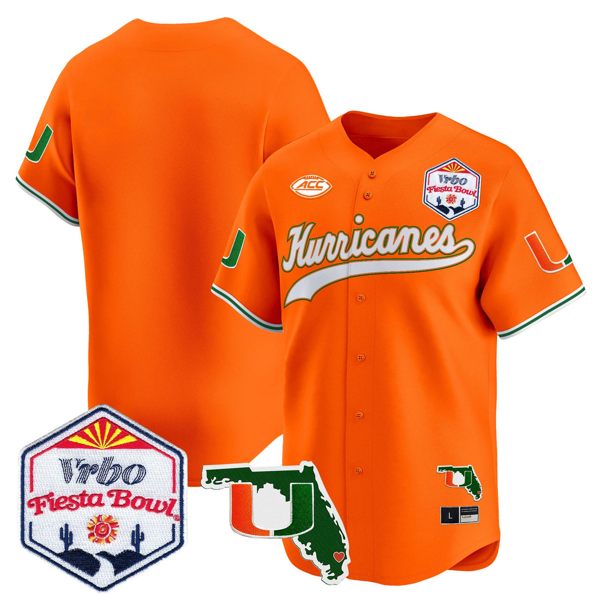 Men's Miami Hurricanes 2026 The Fiesta Bowl & Florida Patch Vapor Baseball Jersey - All Stitched